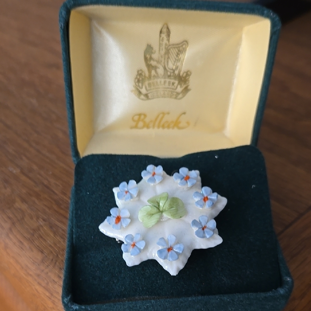 Belleek Blue and Green Floral Brooch